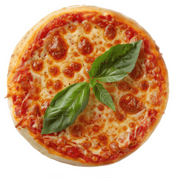 Close-up of a delicious round pizza topped with mozzarella cheese and tomato sauce. png