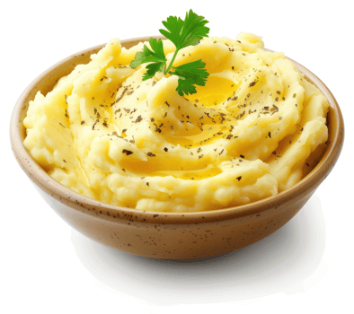 Creamy, buttered mashed potatoes in a bowl. png