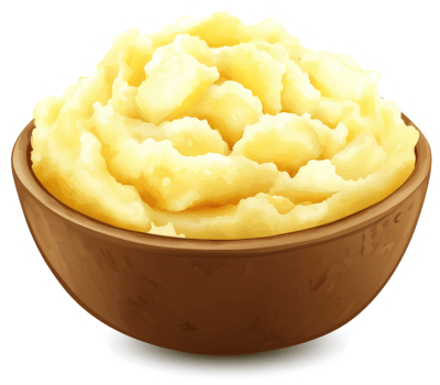 Creamy mashed potatoes in a wooden bowl. png