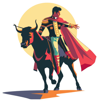 A matador on a bull in vibrant, stylized illustration. png