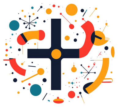 A vibrant, abstract design featuring a plus sign surrounded by geometric shapes and dots. png