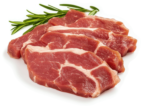Fresh raw pork chops arranged on a white surface. png