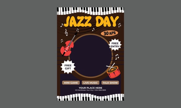 Jazz Day Flyer.Cartoon illustration design for Poster, Banner, Flyer, Greeting, Card, Cover, Post, invitation, Event. vector