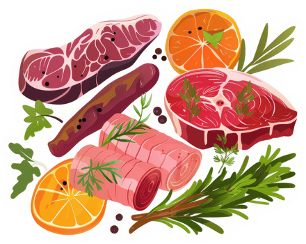 A colorful assortment of meats, citrus fruits, and herbs for a culinary feast. png