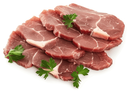 Fresh, raw beef steaks arranged on a white surface. png