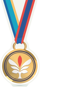 A golden medal with a stylized floral design and colorful ribbon. png