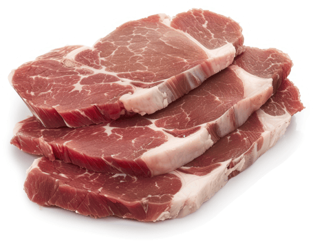 Three raw pork chops stacked on a white background. png