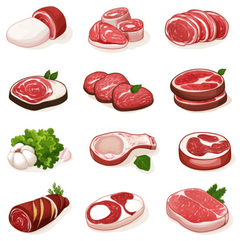 Assorted cuts of meat, from steaks to roasts. png