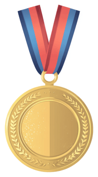 A golden medal with a red, blue, and burgundy ribbon. png