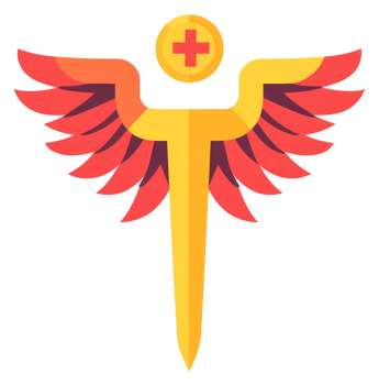 A stylized medical symbol with wings, showcasing a golden staff and a red cross. png