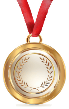 A gleaming gold medal with a red ribbon. png