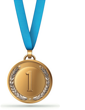 A gold medal with a blue ribbon, signifying first place. png
