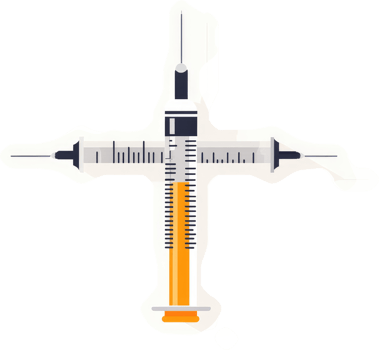 A stylized illustration of two syringes positioned in a cross-shape. png