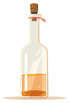 A glass bottle with a cork top filled with an amber liquid. png