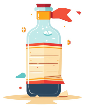 A vintage bottle containing a mysterious liquid and a pill, resting on the ground. png