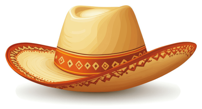 A vibrant, decorative, straw cowboy hat with intricate orange designs. png