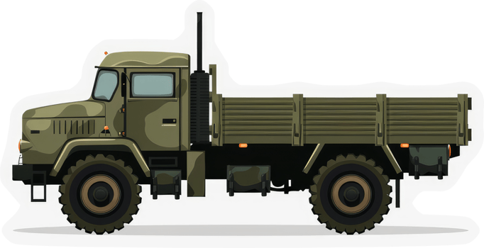 A military cargo truck in olive drab color. png
