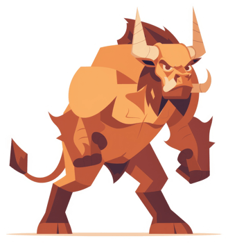 A powerful, cartoonish illustration of a mythical minotaur. png