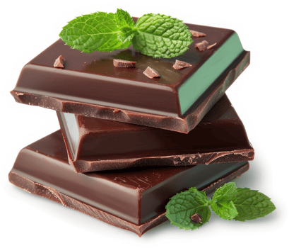 Stack of dark chocolate bars with fresh mint leaves. png