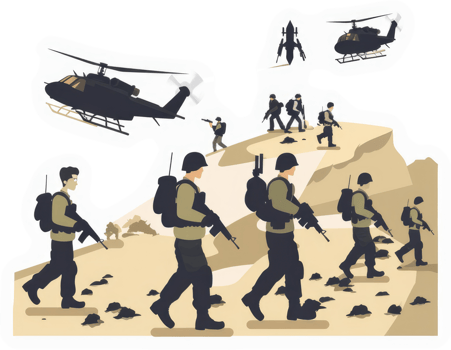 Military personnel on a desert mission with helicopters overhead. png