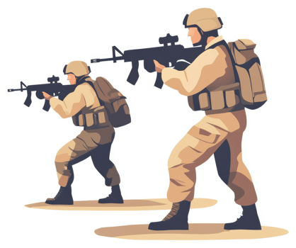 Two soldiers in combat posture, armed and ready. png