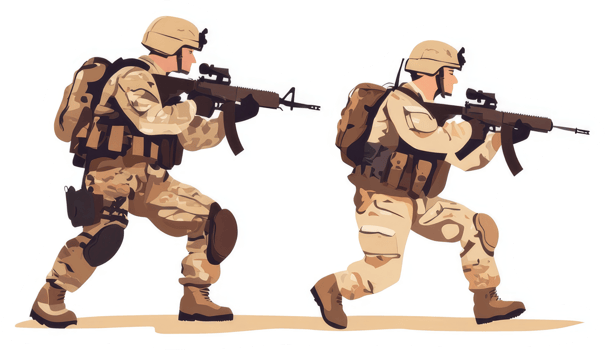 Two soldiers in camouflage uniforms, ready for combat. png