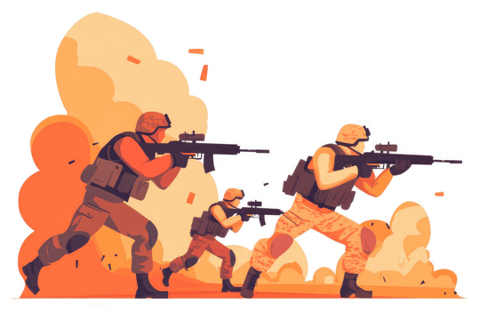 Armed soldiers in combat, engaging in a military operation. png