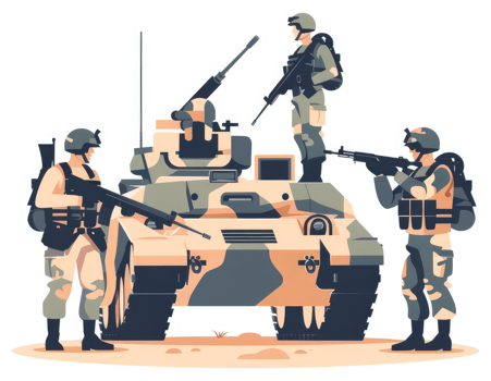 Armed forces personnel stand guard beside a military tank. png