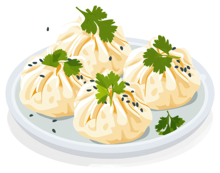 Three delicious steamed buns garnished with fresh cilantro and sesame seeds. png