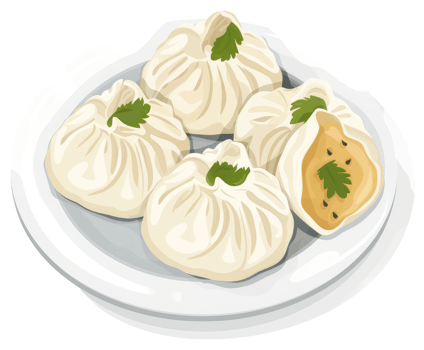 A plate of steamed buns filled with savory fillings. png