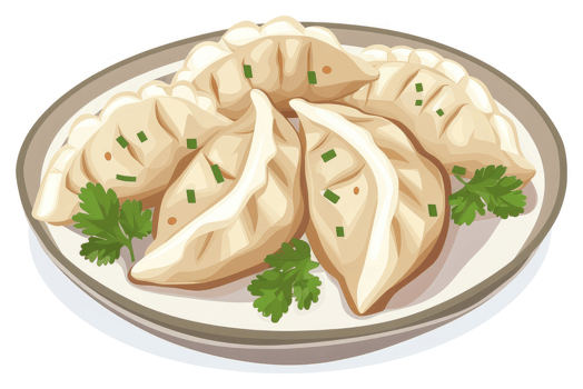 A plate of steaming dumplings garnished with fresh herbs. png