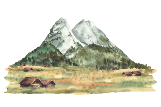 Zugspitze alpine mountains landscape. Watercolor Mountains peaks, rocks. Traditional Cabins, huts on the forested hills and pasture fields German or Bavarian landmark. Hand drawn isolated illustration png