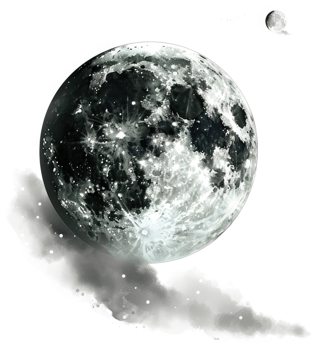 A stylized, grayscale depiction of a celestial body, possibly a moon, amidst cosmic dust. png
