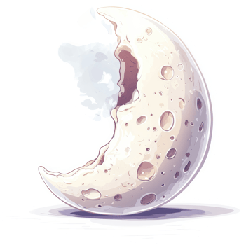 A whimsical depiction of a crescent moon with textured craters. png