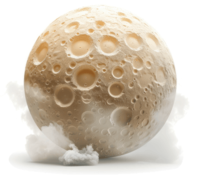 A detailed illustration of the moon, textured with craters, surrounded by wispy clouds. png