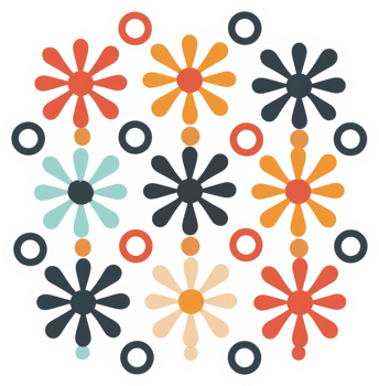 A vibrant pattern of stylized flowers and circles. png