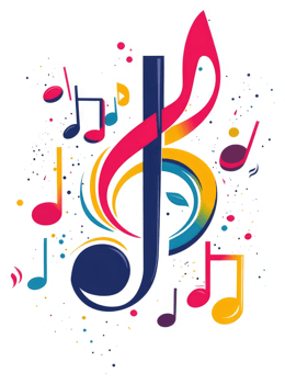 A vibrant musical score design filled with colorful notes and swirls. png