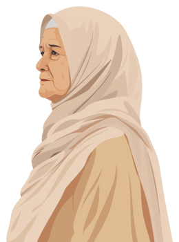 A portrait of a dignified older woman wearing a light beige hijab. png
