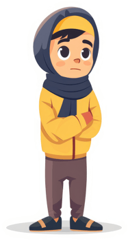 A child wearing a yellow jacket and dark blue hijab, arms crossed, appearing cold or sad. png