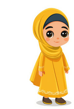 A young girl in a traditional yellow islamic dress and head covering. png
