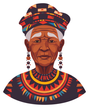 A stylized portrait of an elderly woman in traditional African attire. png