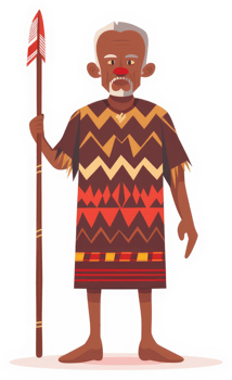 An elderly indigenous person holding a spear, adorned in traditional tribal clothing. png