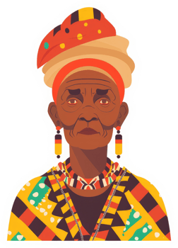 A stylized portrait of an elder woman adorned in vibrant traditional attire. png