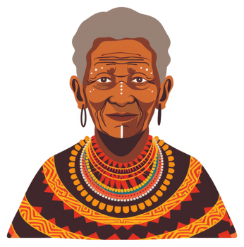 A stylized portrait of an elderly woman wearing traditional African attire. png