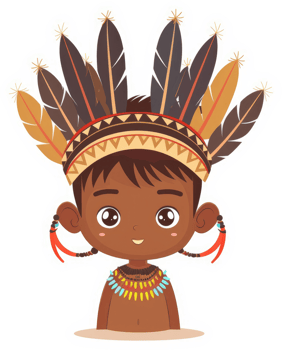 A cheerful indigenous child adorned with traditional tribal headwear and jewelry. png
