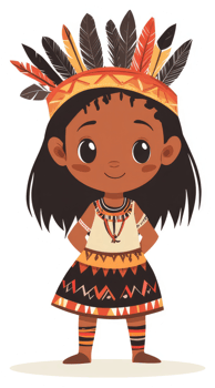 A young girl in traditional tribal attire, adorned with feathers and intricate patterns. png