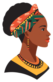 A stylized portrait of an african woman adorned with vibrant patterned headwrap and necklace. png