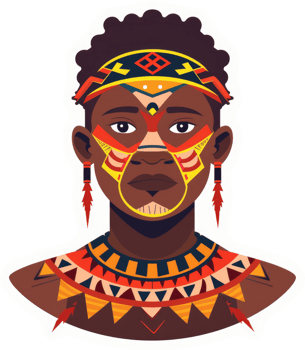 A stylized portrait of a person with intricate tribal adornments. png