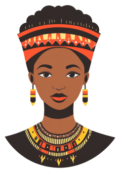 An illustration of an african woman adorned with traditional jewelry and headpiece. png