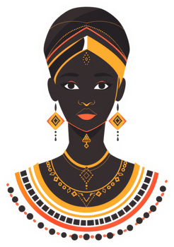 A stylized portrait of a woman adorned with vibrant african-inspired jewelry and headwear. png